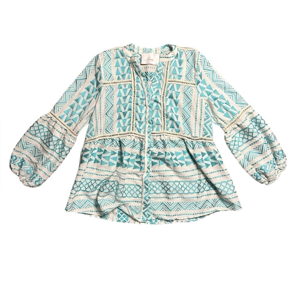 Kasia Cut Out Embroidered Balloon Sleeve Boho Blouse Turquoise Medium - Picture 2 of 7